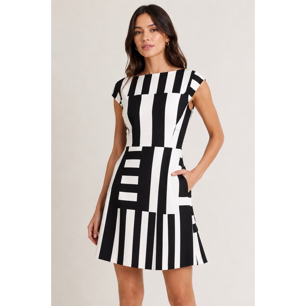 Kate Spade Go Fly a Kite Dress Womens 00 Black White Geometric Mod Retro